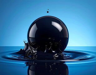 Black sphere emerging from a liquid with splash effect against blue