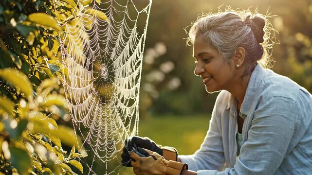 Mature Woman Picking Lemons in Orchard.