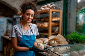 Woman baker holding fresh artisan bread in bakery
