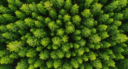 Fototapeta premium Aerial view of dense evergreen forest canopy lush green texture