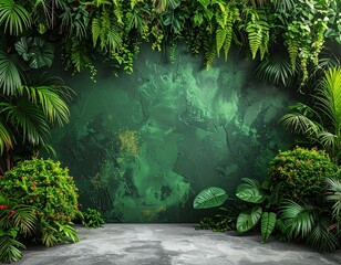 Green wall on concrete surface shows urban garden concept with lush plants framing empty copy space for eco design message