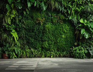 Green wall on concrete surface shows urban garden concept with lush plants framing empty copy space for eco design message