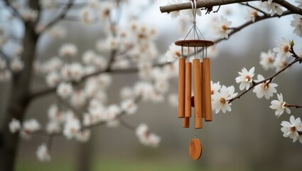 Wind chime hanging on blossoming tree