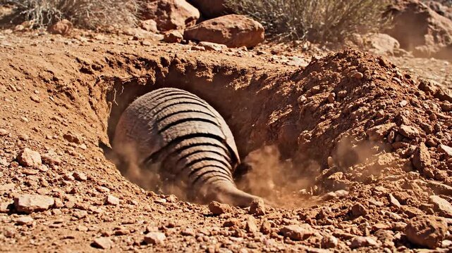 Armadillo energetically digs its way into the earth creating a burrow in its rocky, dry habitat