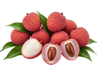 Fresh lychee fruits with leaves isolated on transparent background