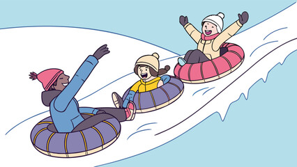Three joyful friends experiencing a thrilling winter snow tubing adventure