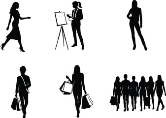 Human activity icons, walking silhouette, shopping pose, confident stance, presentation figure, black illustration, lifestyle emblem, fashion concept, social symbol