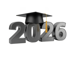 Graduation cap on year 2026 isolated on transparent background