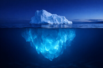 Serene iceberg floating in the deep blue ocean at night showing the glowing frozen structure hidden beneath the dark water surface in a split view