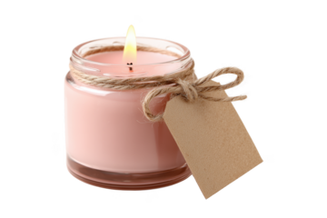 Pink Candle in Glass Jar with Twine and Tag isolated on a transparent background