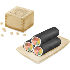 水彩風の節分セット（豆と恵方巻き）イラスト