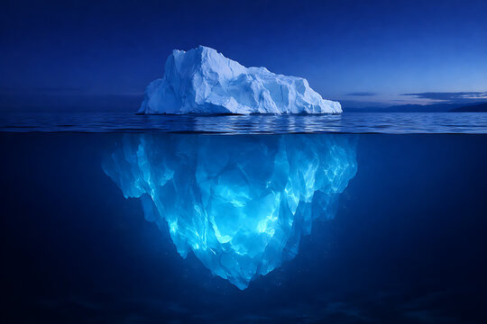 Serene iceberg floating in the deep blue ocean at night showing the glowing frozen structure hidden beneath the dark water surface in a split view - Powered by Adobe