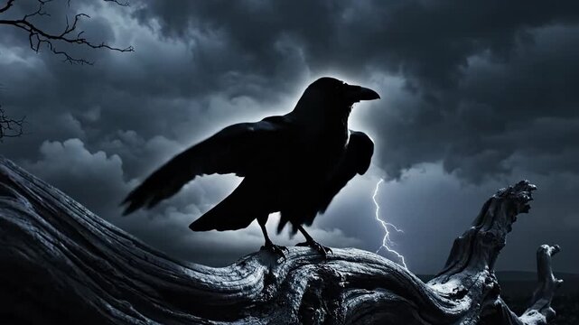 Dramatic silhouette of a raven with wings spread perched on a gnarled ancient tree branch during a dark storm with lightning