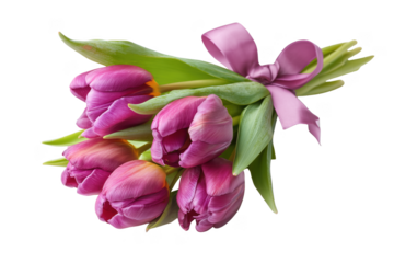 Pink Tulips with Green Leaves and Purple Bow isolated on a transparent background