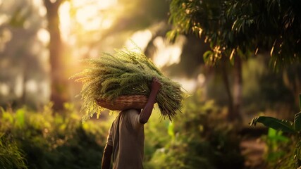 India farmer carrying fresh green harvest in rural field