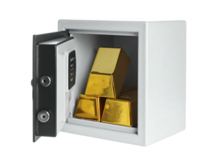 A close-up shows a small, open safe containing several shiny gold bars. The door is ajar, revealing the precious metal