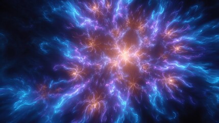 Fototapeta premium Abstract Energy Burst with Glowing Blue and Purple Plasma Filaments and Central Golden Core