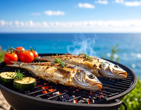 Two grilled fish with tomatoes and zucchini, ocean background