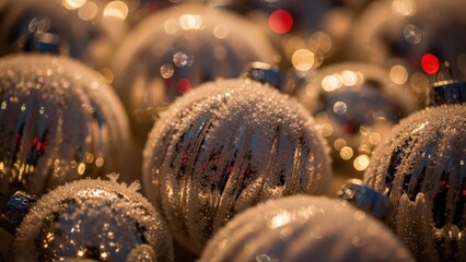 A festive close-up of silver Christmas ornaments with frosty texture and sparkling lights