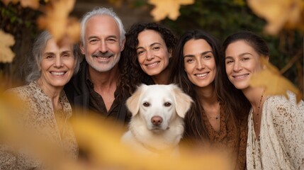 Family gathering with dog surrounded by autumn leaves in a warm outdoor setting