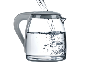 A close-up shows transparent water pouring into a clear glass kettle with a grey handle and lid, against a pure black backdrop