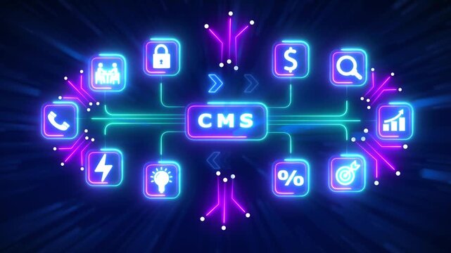 CMS Concept with Connected Glowing Icons and Neon Network on Dark Blue Background content management system