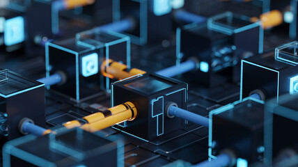Abstract digital network of cubes with connecting orange and blue cables image photo