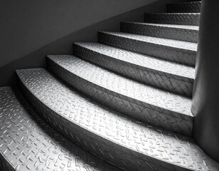 Curved metal staircase with textured diamond plate steps spirals downward