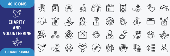 Charity and Volunteering icon set. Full Outline Icon Collection. Editable stroke. Vector illustration © Designer