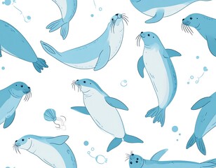 Adorable cartoon seals in varying positions against white background