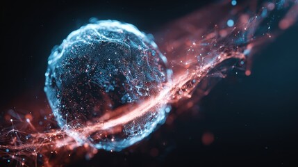 Abstract 3D illustration of a cell structure with glowing particles and organic fiber networks, biotechnology concept