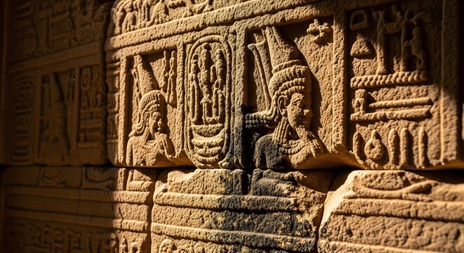 Ancient Egyptian hieroglyphs carved into stone wall, detailed relief sculpture showcasing historical figures and symbols, rich texture and dramatic lighting