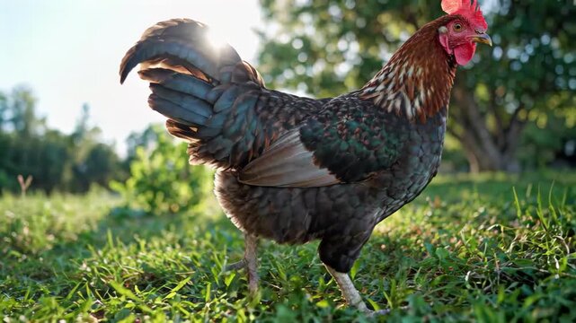 Cock walking material on the grass