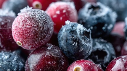Macro shot of frozen cranberries and blueberries covered in frost crystals