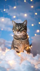 Tabby cat amidst clouds and lights