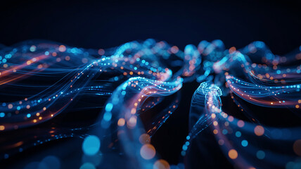 Abstract glowing blue and orange light trails on dark background image photo