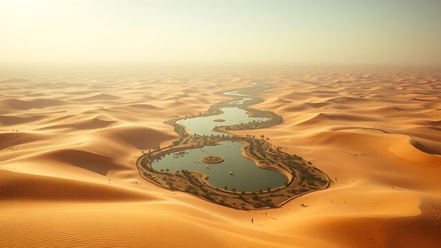 cyma. Mirage of an oasis over a desert landscape with heat distortion effect. ESG reports, sustainability campaigns, designed for sustainability communications and ESG reporting.