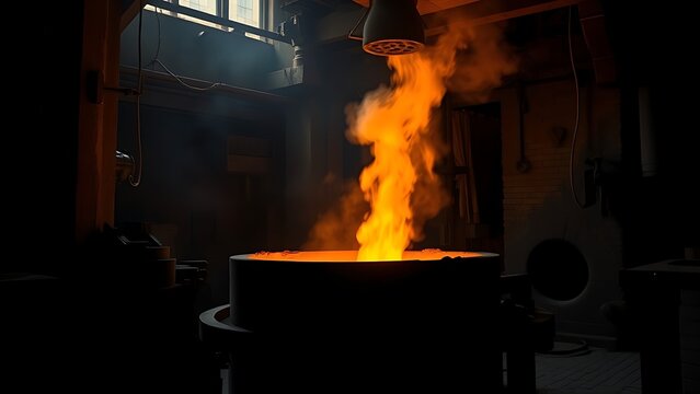 crucible. Industrial scene inside a foundry with molten metal glowing in a crucible. safety posters, maintenance manuals, designed for precision metalworking and fabrication facilities. - Powered by Adobe