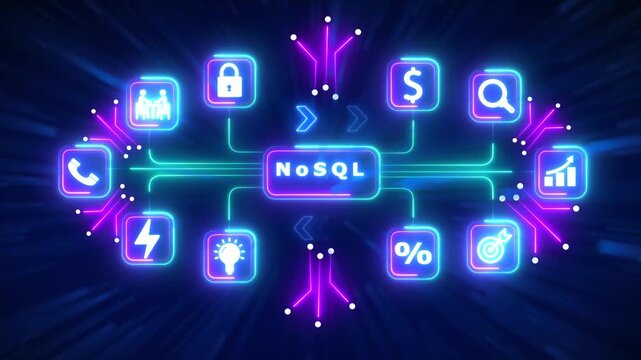 No SQL database concept with glowing neon icons and network connections Keywords: No SQL, database, big data, technology, network, connection, icons, neon, glowing, digital, data, storage