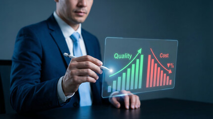 Businessman in suit analyzing a futuristic holographic chart showing rising quality and decreasing cost for business growth and efficiency improvement.