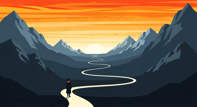 Pixel art of a lone figure walking on a winding path through mountains