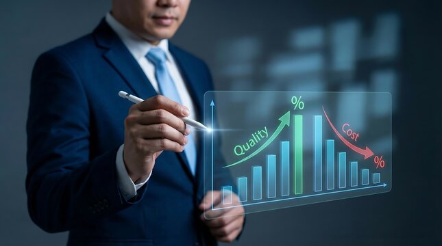 Businessman analyzing a transparent digital dashboard showcasing a rising quality graph and a declining cost chart with percentage indicators. - Powered by Adobe