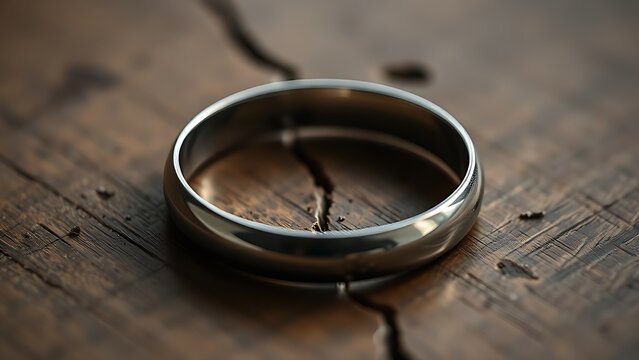 toroidal. A broken wedding ring lies on wood with a visible crack and side lighting. wellbeing guides, coaching materials, designed for coaching and self-improvement content, used by videographers.