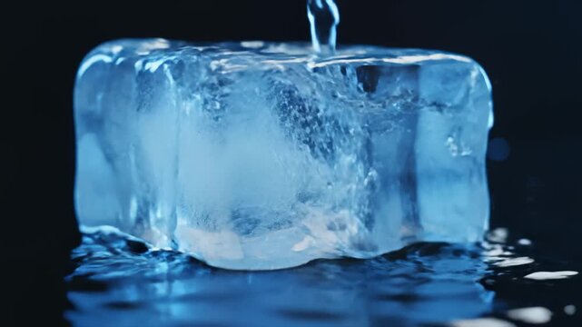 Water Pouring on Clear Ice Block on Black Background
