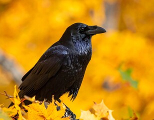Obraz premium Black bird perched amid autumn foliage, with rich, golden hues