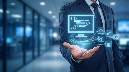 Businessman's hand projecting digital data flow, computer code, and cloud services icons, symbolizing technology and innovation in modern business environments.
