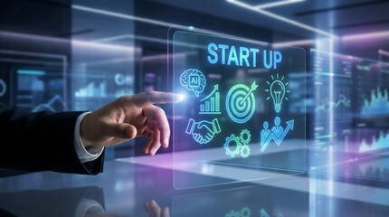 Businessman's hand interacting with futuristic digital interface displaying "START UP" and various business growth icons representing innovation and success