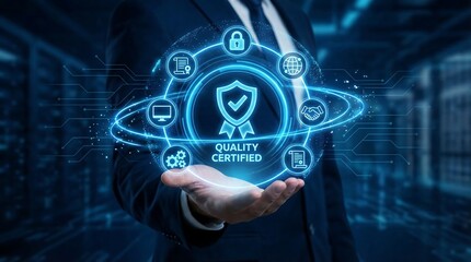 Businessman displaying a holographic 'Quality Certified' icon, symbolizing digital assurance, robust industry standards, and secure compliance in a modern tech environment.