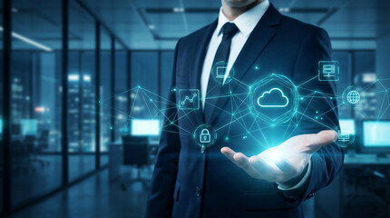 Businessman presenting cloud computing network and digital transformation concepts, demonstrating secure data management and global connectivity solutions in a modern office environment.