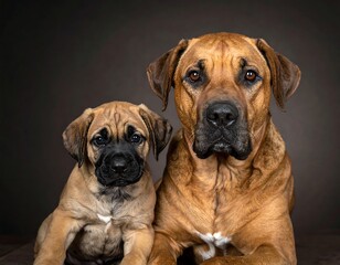 Obraz premium Adult and puppy canine duo, brown fur, serious expressions